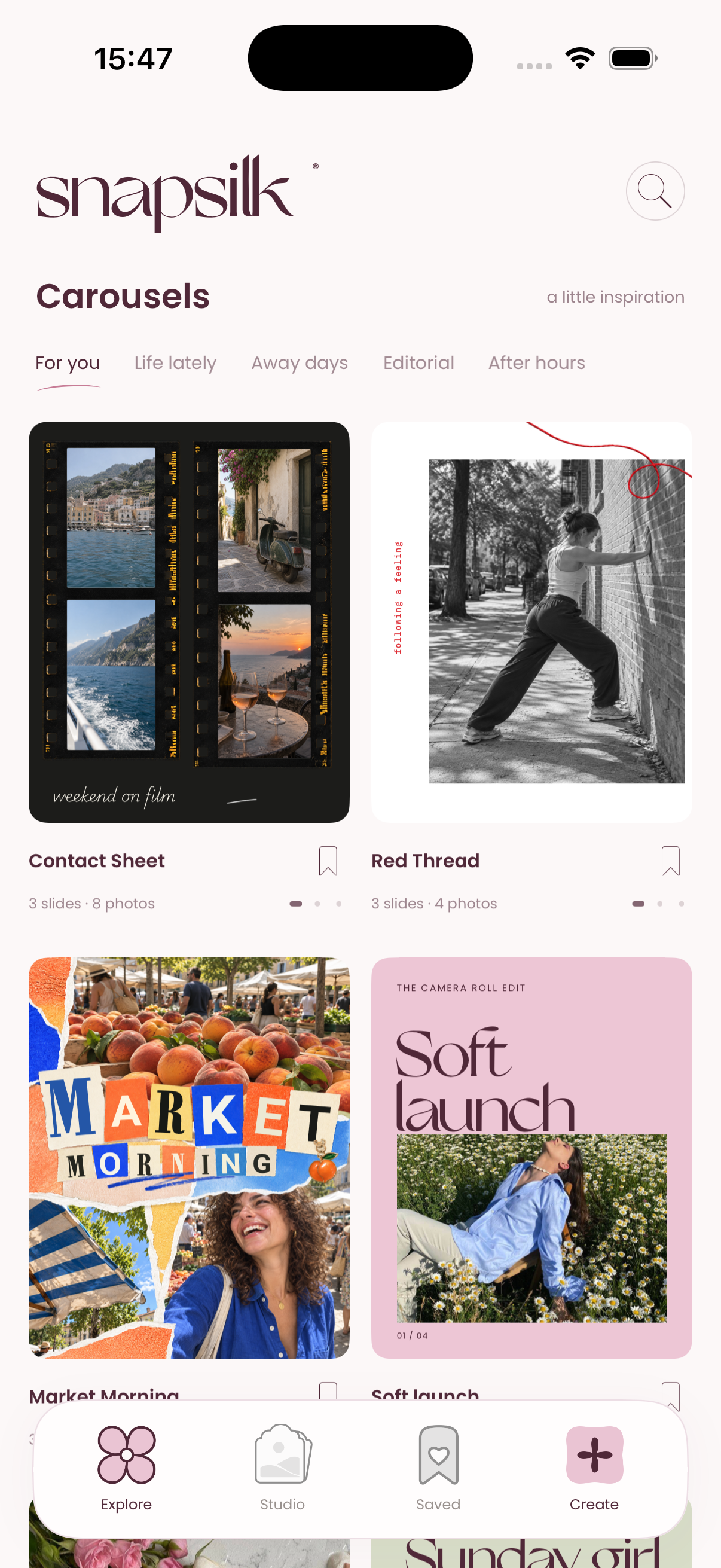 Snapsilk app showing its template gallery and Explore, Studio, Saved and Create tabs